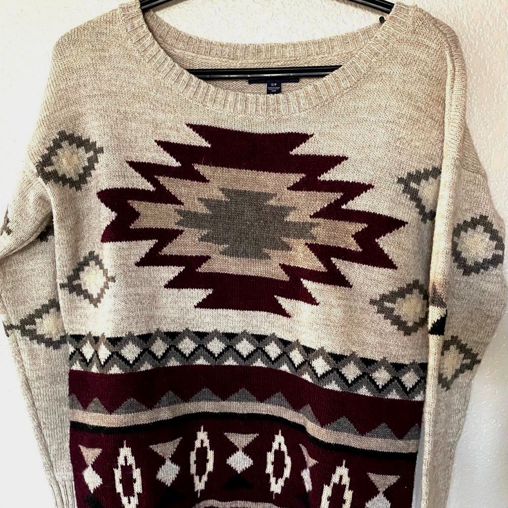 American Eagle Outfitters Wool‑Blend Aztec Print Sweater Ivory Maroon Size S